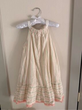 Girls' 5t Cream Striped Summer Dress with Pink Fringe Trim Bow Accent